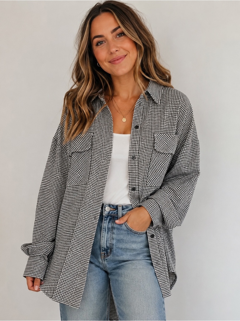 NWT Abercrombie & Fitch Oversized Houndstooth Button Down Shirt Black White M